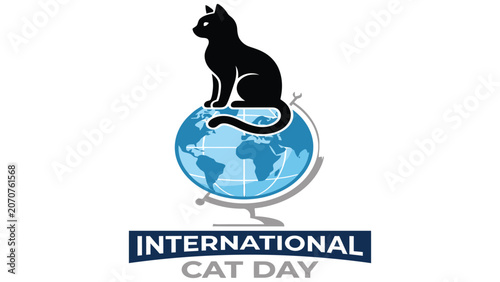 Konstfotografi Cat sits upon a detailed blue globe as a creative visual for the international cat day event