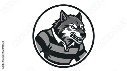 Angry wolf mascot wearing striped rugby jersey