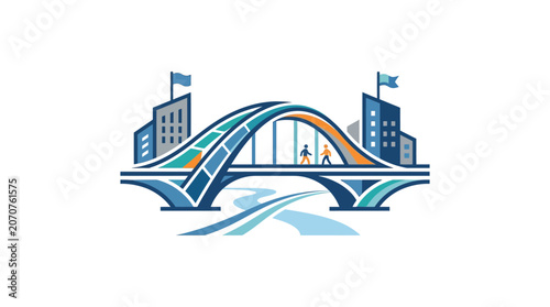 Arched modern bridge illustration with city skyline buildings.