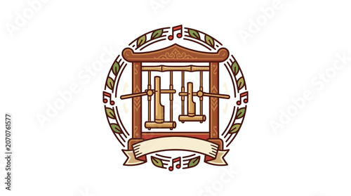 Angklung bamboo musical instrument in wooden frame stand