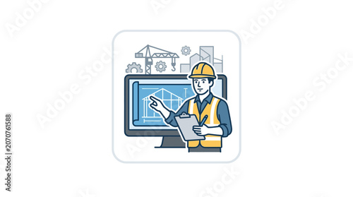 Architect showing building plan on computer monitor.