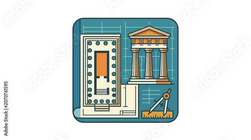 Architectural blueprint and elevation of a classical Greek temple.