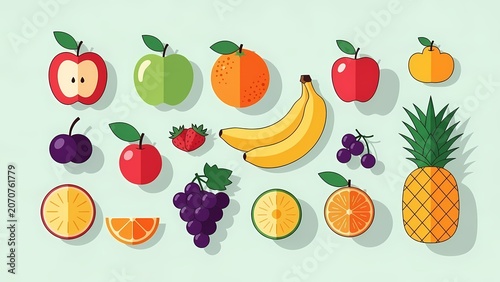 Colorful Flat Fruit Icon Set Collection with Fresh Tropical and Citrus Fruits Illustration