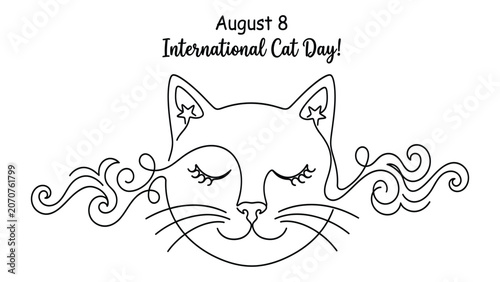 Vászonkép Cat face is drawn with a single continuous line to commemorate the international feline celebration date
