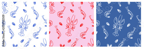 Hand Drawn Nautical Themed Patterns with Lobsters and Shells in Blue and Red