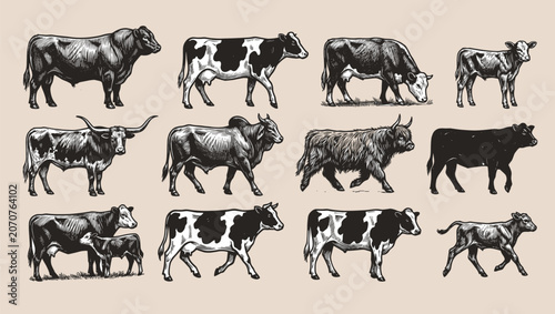 Фотография cow silhouette Vector set, cattle silhouettes, diverse breed of cows