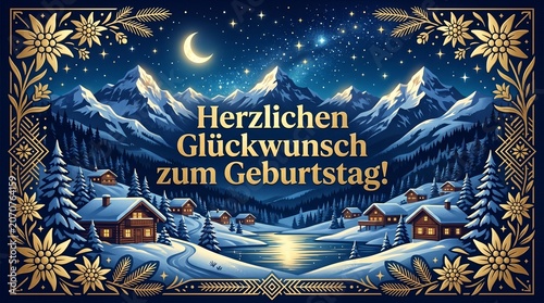 Premium Swiss Alpine landscape birthday greeting card with gold typography and mountain silhouette