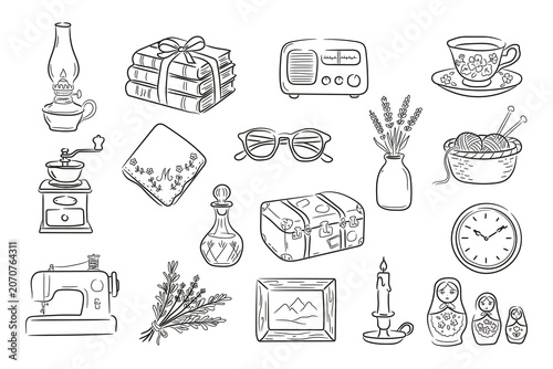 Hand drawn vintage home objects line art vector set