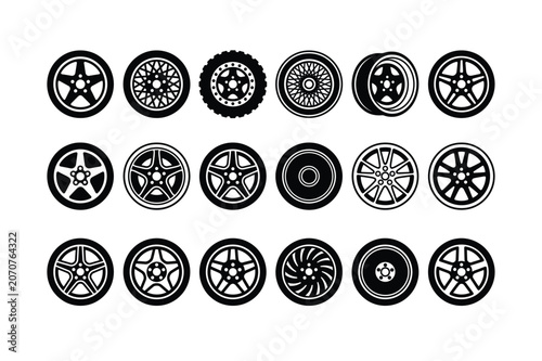 Black and white vector illustration of collection of various car wheel designs and tire rims in black