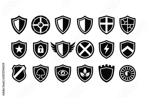 Black and white vector illustration of collection of various shield and protection icons in black and white on a