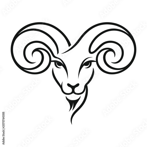Black and white vector illustration of black and white illustration of a rams head with curly horns