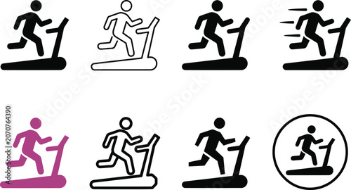 Treadmill Running Icon Set – Fitness Exercise, Cardio Workout, Gym Training Symbol Collection