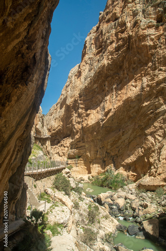 Caminito del Rey canyon walkway view, steep cliffs and Guadalhorce river in Malaga, Spain