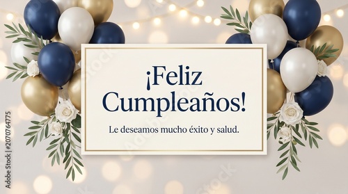 Sophisticated Spanish corporate birthday greeting card with Mediterranean olive branches and gold balloons