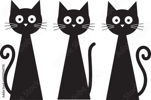 Three cute black cat silhouettes standing in a simple row for graphic design