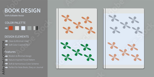 Minimalist book design template with floral patterns, modern notebook cover vector set, clean aesthetic journal layout with soft color palette