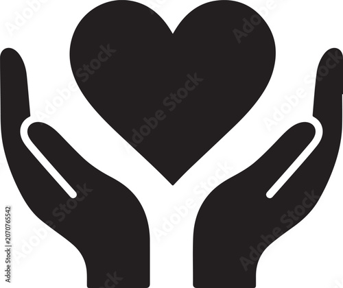 Black heart icon held in two hands representing love and care and protection