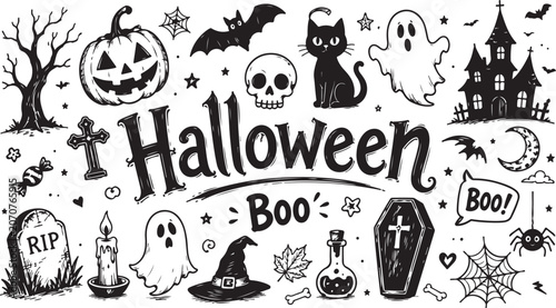 Set of hand drawn halloween doodle icons with pumpkin ghost cat and spooky house