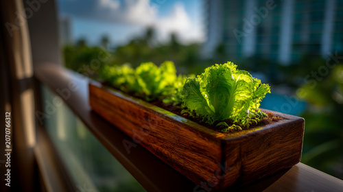 Fresh lettuce growing in a rectangular wooden planter box on a balcony with vegetable