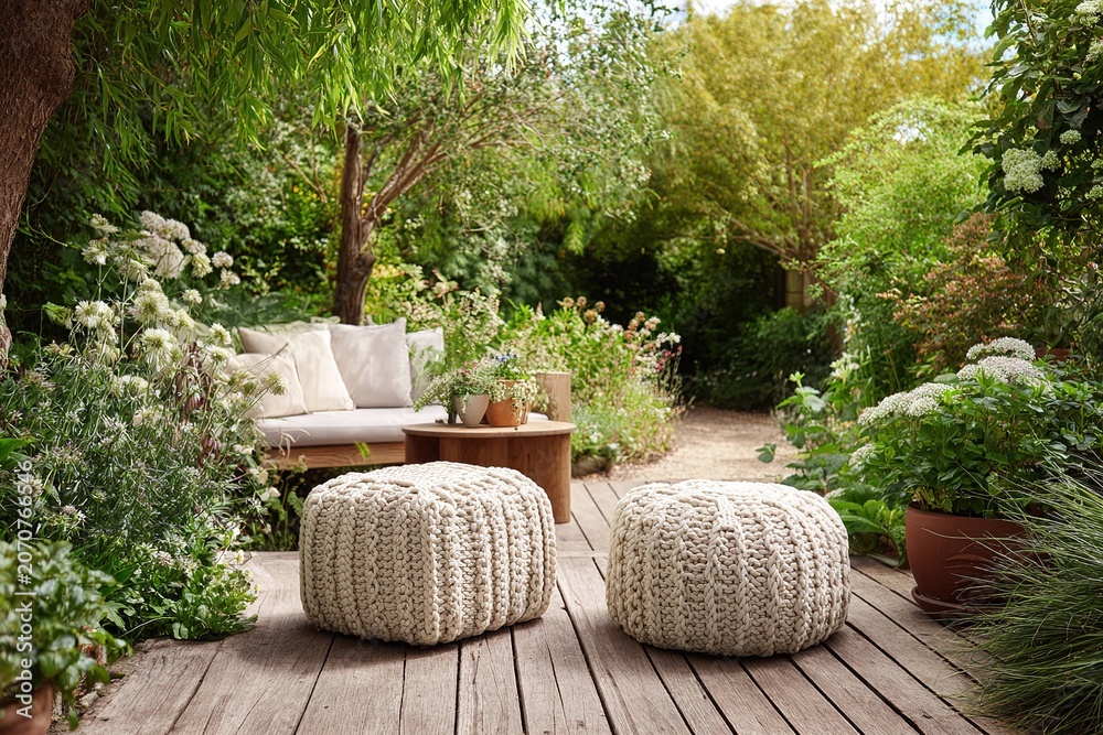 Fototapeta premium garden seating with soft macrame poufs