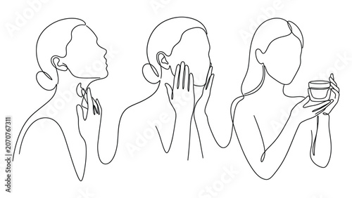 Continuous line drawing of women applying skincare.
