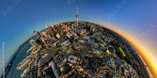 Spherical aerial panoramic view of Auckland city centre at sunset