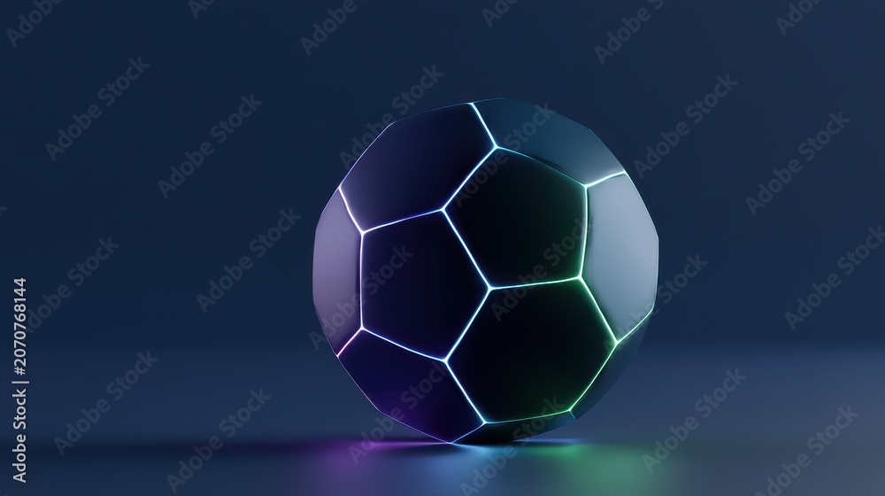 Naklejka premium Futuristic glowing soccer ball with neon edges on dark background