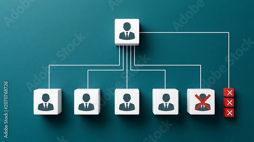 Corporate organizational chart with white blocks showing staff reduction and firing concept