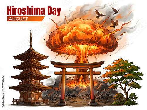 Mushroom Cloud Explosion Over Traditional Pagoda in Dramatic Illustration Style