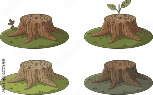 Canvastavla Tree stump collection, cut wood trunks with regrowth concepts for forestry and e