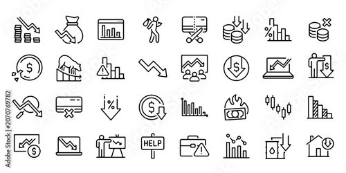 Tableau sur toile Financial Crisis and Economic Market Risk Line Icons Set Editable Vector Illustr