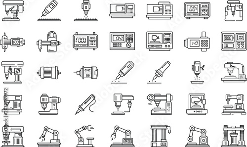 Tableau sur toile Industrial automation CNC machine and robotic arm line icons set with milling dr