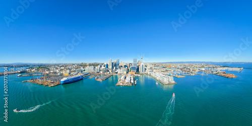 Aerial view of Auckland, New Zealand, with the harbour city's skyline