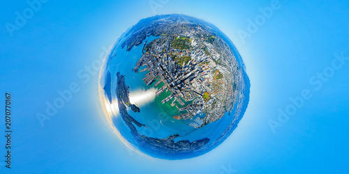 Spherical panoramic aerial shot of Auckland CBD in New Zealand