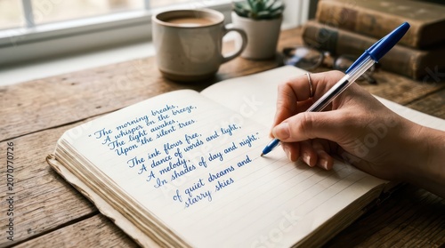 hand writing poetry with blue pen