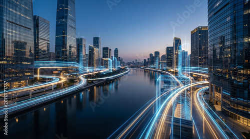 Dynamic urban landscape at twilight, featuring vibrant light trails illustrating high-speed data flow and interconnected digital infrastructure in a smart city