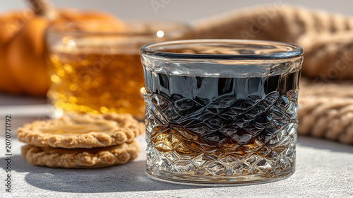 Crystal glass with dark liquid and snacks on a bright stone tabletop, beverage