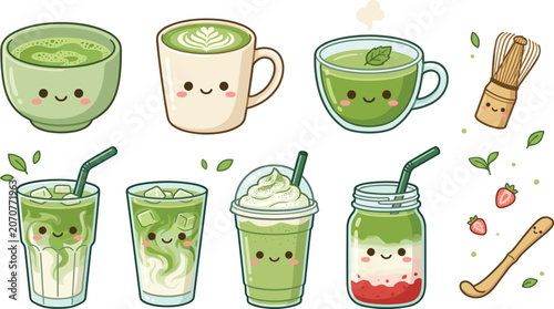 Cute Matcha Tea Drinks Collection with Latte Smoothie Iced Beverages and Traditional Japanese Green Tea Vector Set