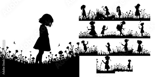 Canvas-taulu Girl Picking Flowers in a Meadow Silhouette