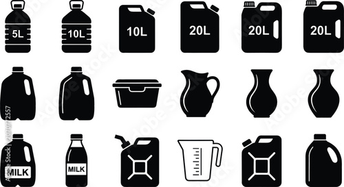 Obraz na plátne Liquid Container and Plastic Jerrycan Silhouette Icon Set with Fuel Canisters, M
