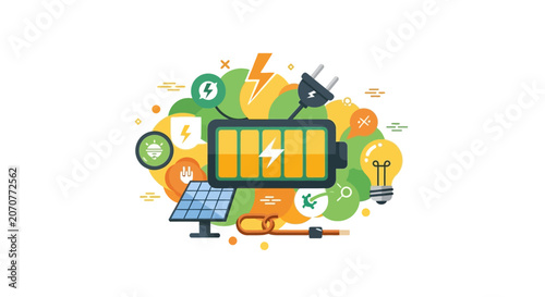 Renewable Energy and Battery Power Illustration Concept with Solar Panel, Light Bulb, and Electrical Symbols for Sustainable Technology and Efficient Energy Storage