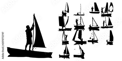 Man Adjusting a Sail on a Dinghy Silhouette