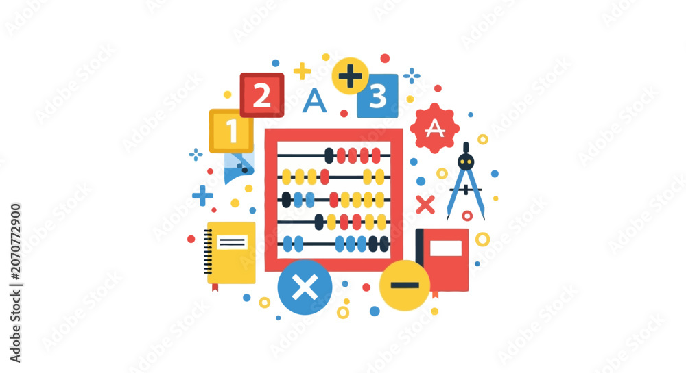 Fototapeta premium Educational Math Concept Illustration with Abacus, Numbers, and Geometry Tools in Flat Style on White Background