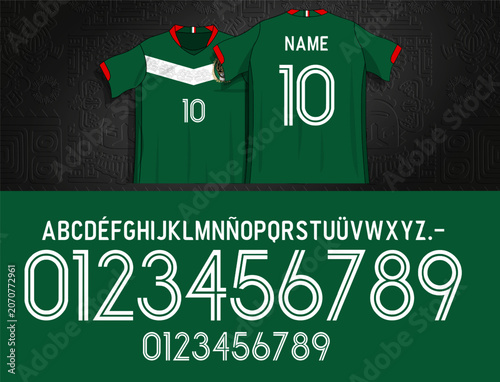 mexico font, mexico soccer, Modern sports lettering system featuring lightweight outline numbers and clean alphabet characters. Vector typography design created for apparel graphics, textile prints