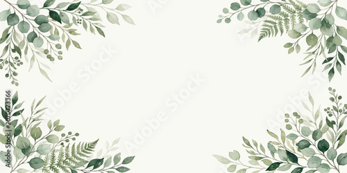 Watercolor green leaves corner frame composition with watercolor painting texture wedding stationery