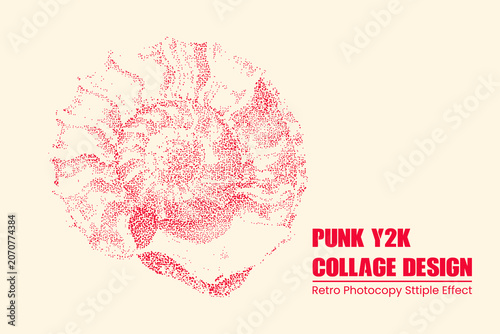 Quadro su tela Stipple effect ammonite fossil illustration, red dot art on cream background, pu