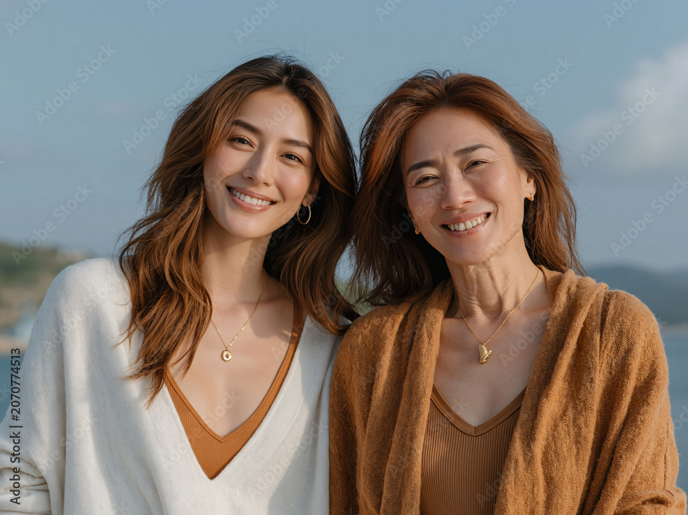 Fototapeta premium Two women, a mature mother and her adult daughter, pose closely side by side seaside under pale blue sky, both smiling warmly in coordinated neutral knit outfits with delicate gold necklaces and hoop