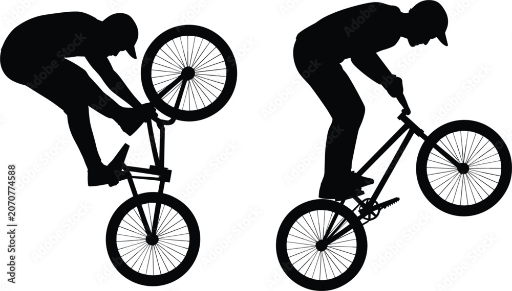 Naklejka premium BMX rider silhouette set, extreme bicycle stunt performance figures isolated for action sports vector artwork