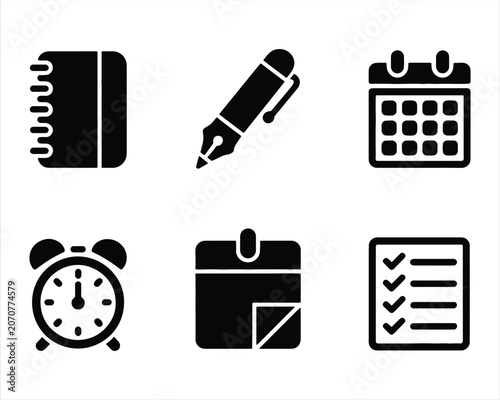 Productivity and Time Management Elements Collection. Business office management essential black line icons. Business icons set