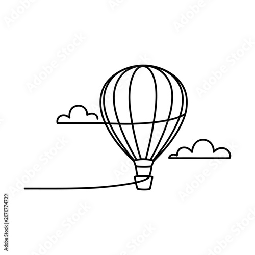 Hot air balloon flying with clouds as a continuous line drawing in black and white.